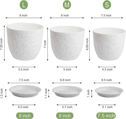 9/8/7.5 inch Flower Pots, Set of 3 Modern Decorative Plastic Planters with Drainage Holes and Saucers for Garden House Plants, Plant Pots for Indoor Outdoor Plants, Speckled White