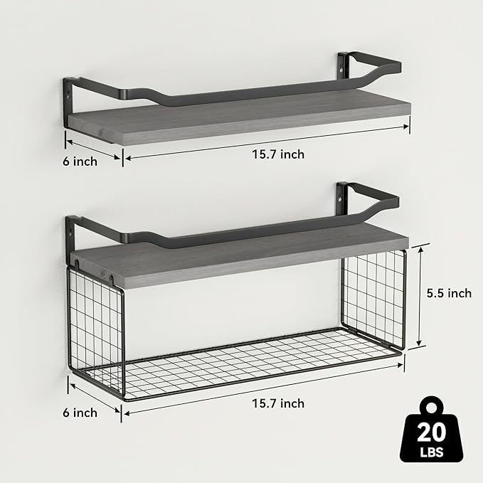 WOPITUES Floating Shelves with Wire Storage Basket, Bathroom Shelves Over Toilet with Protective Metal Guardrail, Wood Wall Shelves for Bathroom Organizers and Storage, Toilet Paper- Gray