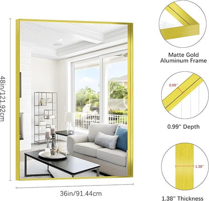 Gold Bathroom Mirror, 36x48 Inch Rectangular Framed Mirror, Large Wall Mounted Bathroom Vanity Mirror Over Sink for Bedroom,Restroom, Living Room, Hangs Vertically or Horizontally