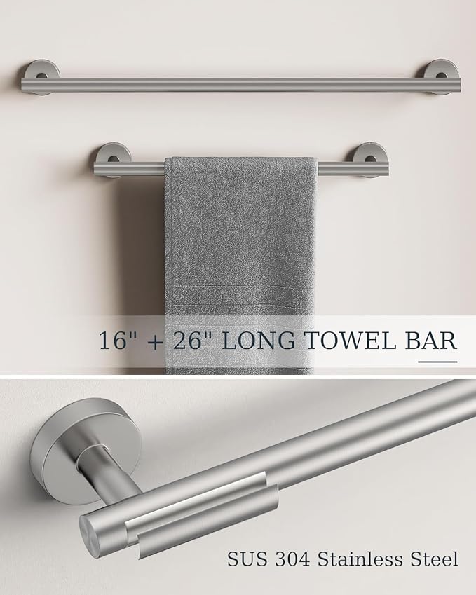 Brushed Ncikel Bathroom Accessories Set, SUS304 Stainless Steel 6 Pieces Bathroom Hardware Set, 16&26 Inch Bath Towel Bar Set, 2 Towel Hooks, Toilet Paper Holder, Towel Racks for Bathroom Wall Mounted