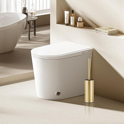 Toilet Brush and Holder Set, NEWRAIN 304 Stainless Steel Toilet Brush with Long Brush Handle, Brushed Gold Toilet Scrubber and Covered Holder, Round Design Sturdy and Space Saving, Covered Brush