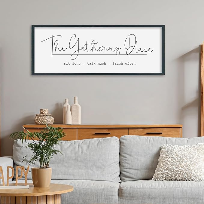 SRSZHIYUE The Gathering Place Sign Wall Decor Art 40"×15" for Large Kitchen Dining Room Wood Framed Wall Hanging (Black)