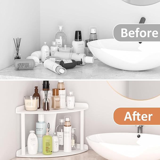 2 Tier Acrylic Corner Shelf Organizer Storage 9.5x9.5x8 Inch, White Countertop Corner Shelf for Bathroom, Kitchen, Bedroom, Office, Study Room