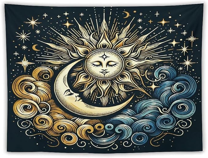 HZOHNAGO Sun Moon Tapestry Boho Golden Stars Pattern Printed Wall Tapestry Wall Hanging for Bedroom Living Room Dorm 80" W x 60" H