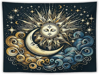 HZOHNAGO Sun Moon Tapestry Boho Golden Stars Pattern Printed Wall Tapestry Wall Hanging for Bedroom Living Room Dorm 80" W x 60" H
