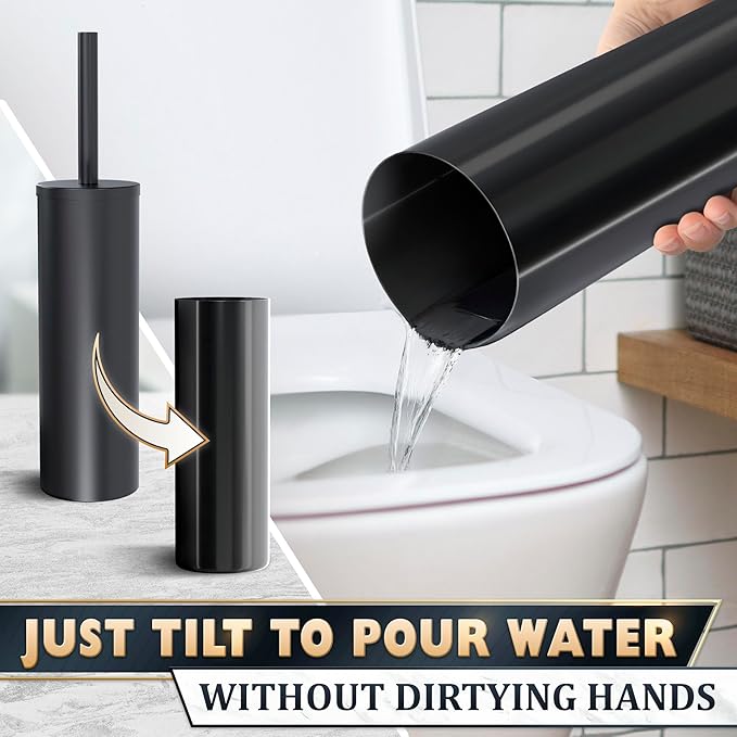 Black Toilet Brush and Holder Set - Scratch Resistant Black Toilet Bowl Brush and Holder with Soft Bristles Replaceable Head, Protection from Splashes, and Compact Design - for Effective Cleaning
