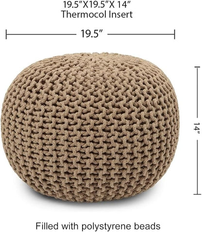 REDEARTH Round Pouf Ottoman - Hand Knitted Cable Boho Poof Home Décor Pouffe Circular Footrest for Living Room - Bedroom - Lounge - 100% Cotton (19.5"x19.5"x14") - Beige