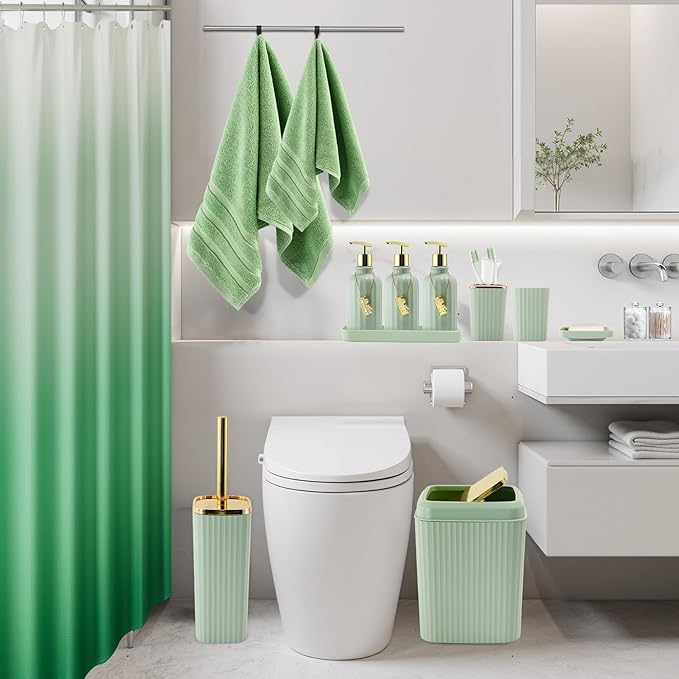 32PCS Bathroom Accessories Set Bathroom Set,Green Shower Curtain Set,Bath Towel Set,Hand Towel,Toilet Brush,Trash Can & 3PCS Soap Dispenser