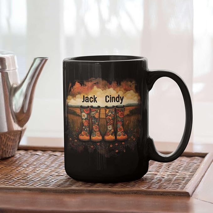 Custom Couple Mug with Floral Boots Design, Personalized Name Coffee Mug 11oz 15oz, Fall Inspired Ceramic Coffee Cup, Custom Autumn Scene Black Cup, Gifts for Boyfriend, Girlfriend