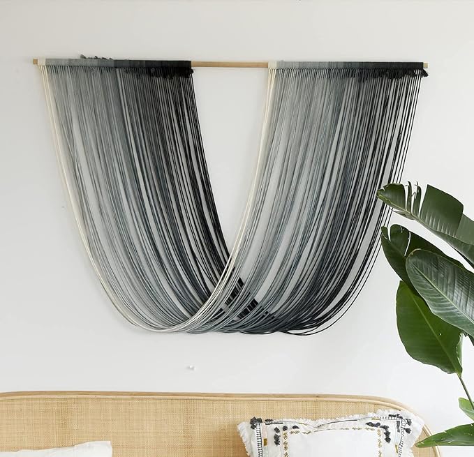 Flber Macrame Wall Hanging Large-Scale Dip-Dye Blue Bohemian Yarn Tapestry Home Room Wall Decor 57" Wx 35" L