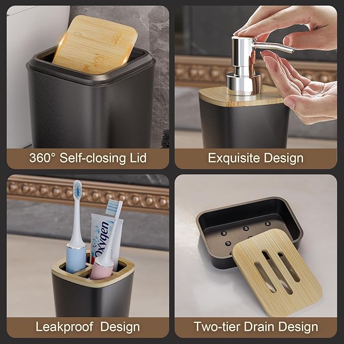 24PCS Bathroom Sets with Shower Curtain and Rugs,Black Bathroom Accessories Set Waterproof Black and White Shower Curtain Set, Toilet Brush, Trash Can & Bathroom Rug