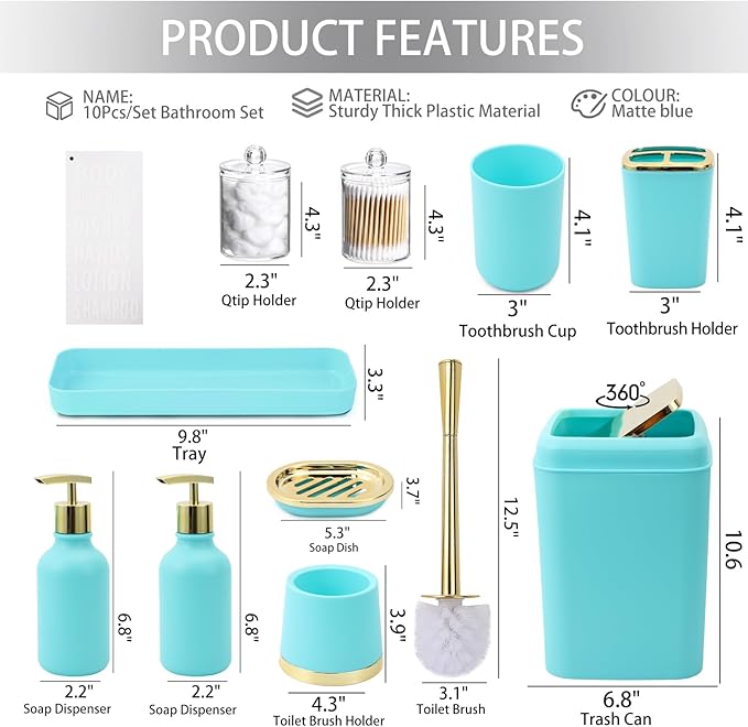 Teal Bathroom Accessories Set - 10 Piece Bathroom Accessory Set with Trash Can, Soap Dispenser, Soap Dish, Toothbrush Holder and Cup, Toilet Brush, Qtip Holder, Bathroom Decor Sets Complete