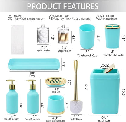 Teal Bathroom Accessories Set - 10 Piece Bathroom Accessory Set with Trash Can, Soap Dispenser, Soap Dish, Toothbrush Holder and Cup, Toilet Brush, Qtip Holder, Bathroom Decor Sets Complete