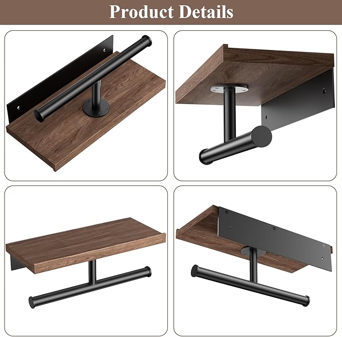 Tindbea Double Toilet Paper Holder with Wood Shelf, Wooden Wall Mount Toilet Paper Roll Holder, Matte Black Stainless Steel Bathroom Toilet Tissue Holder (Walnut)
