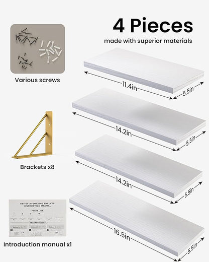 BAYKA Wall Shelves for Bedroom Decor, Floating Wall Shelves for Living Room Kitchen Storage, Wall Mounted Rustic Wood Shelves for Kids Books, Corner Shelf for Bathroom(White and Gold，Set of 4)