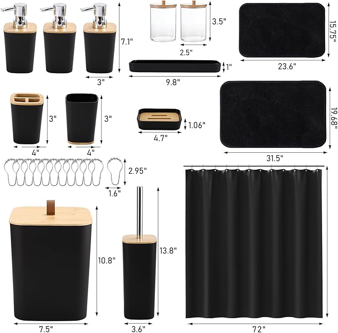 Bathroom Sets with Shower Curtain and Rugs, 27PCS Black Bathroom Accessories Set with Trash Can, Black Shower Curtain Set, No Slip Super Absorbent Bathroom Rugs