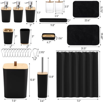 Bathroom Sets with Shower Curtain and Rugs, 27PCS Black Bathroom Accessories Set with Trash Can, Black Shower Curtain Set, No Slip Super Absorbent Bathroom Rugs