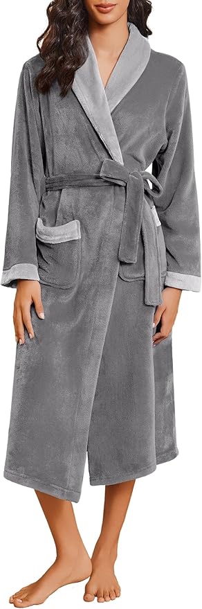Ekouaer Robes for Women Soft Long Bathrobe Lightweight Fleece Shawl Collar Spa Robe Cozy Sleepwear with Pockets S-XXL
