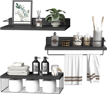 22.5 inches Bathroom Shelves Over Toilet for Wall, Floating Shelves with Storage Basket Paper Holer for Kitchen Living Room, Bedroom & Classroom, Set of 3 (Black)