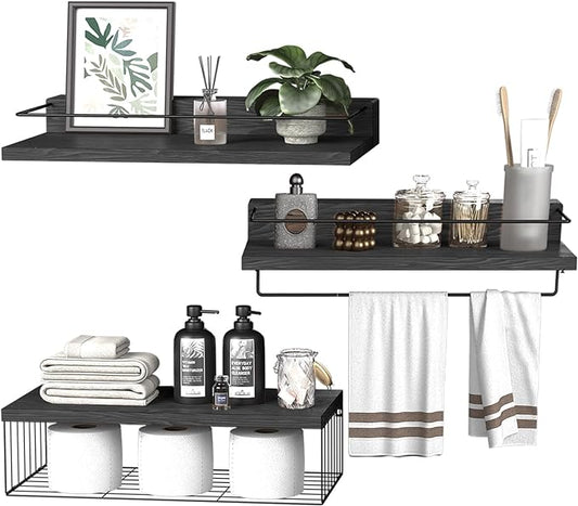 22.5 inches Bathroom Shelves Over Toilet for Wall, Floating Shelves with Storage Basket Paper Holer for Kitchen Living Room, Bedroom & Classroom, Set of 3 (Black)