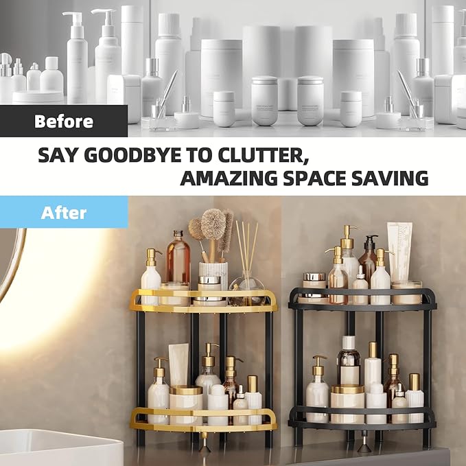 2 Tier Bathroom Organizer Countertop XL Corner Shelf, Black Gold Bathroom Counter Organizers, Large Capacity Vanity Shelves, Corner Skincare Makeup Storage, 9''W x 9''L x 13.78''H