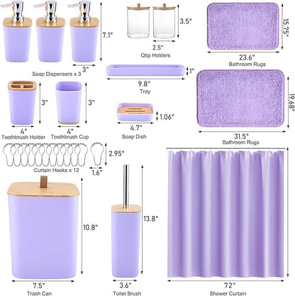 Bathroom Sets with Shower Curtain and Rugs, 27PCS Purple Bathroom Accessories Set with Trash Can, Purple Shower Curtain Set, No Slip Super Absorbent Bathroom Rugs