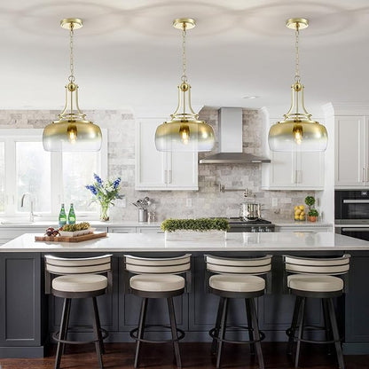 WUZUPS Gold Chandelier Rustic Farmhouse Industrial Round Ceiling Pendant LED Light Fixture with Gradient Glass Shade for Dining Room Kitchen Island Foyer Entryway, H 17" W 13.4", E26 Base