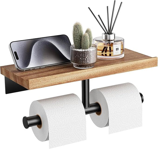 Tindbea Double Toilet Paper Holder with Wood Shelf, Wooden Wall Mount Toilet Paper Roll Holder, Matte Black Stainless Steel Bathroom Toilet Tissue Holder (Sapele, Matte Black)