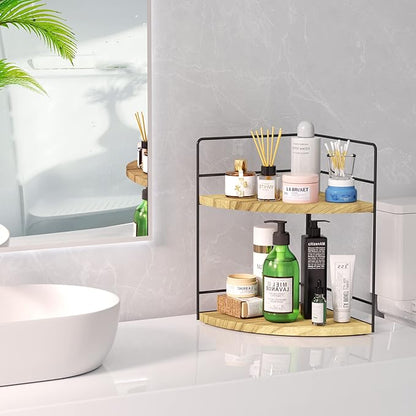ZGO 2-Tier Bathroom Counter Organizer, Corner and Makeup Organizer for Vanity and Kitchen Counter, Wood