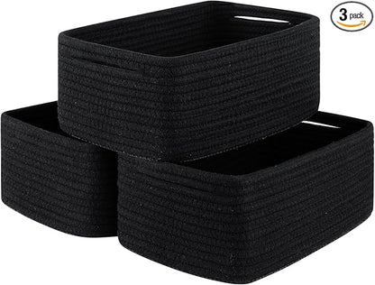 3 Pack Small Storage Baskets for Organizing, Cute Woven Decorative Gift Baskets for Shelves, Mini Closet Organizer Bins with Handles, 11.81''Lx7.87''Wx4.72''H-Black