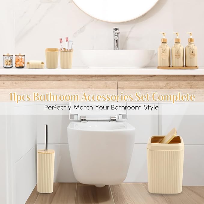 Bathroom Set 17PCS Beige Bathroom Accessories Set Bathroom Sets with Trash Can 3PCS Lotion Soap Dispenser, Toothbrush Holder,6PCS Wood Tags Bathroom Accessories for Kitchen Bathroom