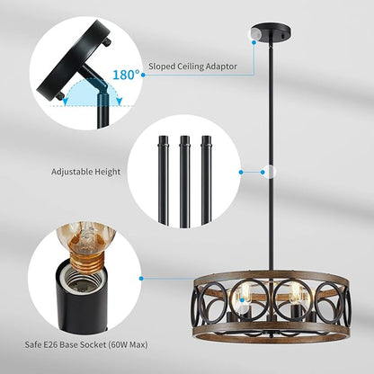 XINGQI 21.7'' Modern Chandelier, Farmhouse Drum Chandeliers for Dining Room Living Room Bedroom 5-Light Pendant Lighting Round Black Metal Antique Wood Grain Finish Adjustable