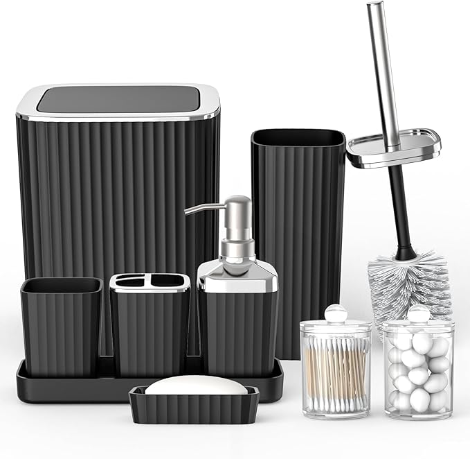 Umimile Black Bathroom Accessories Set, 9-Piece Bathroom Set with Toothbrush Holder, Toothbrush Cup, Soap Dispenser, Soap Dish, Vanity Tray, Toilet Brush Holder, Qtip Holder and Trash Can