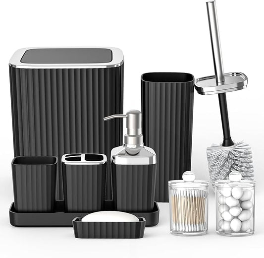 Umimile Black Bathroom Accessories Set, 9-Piece Bathroom Set with Toothbrush Holder, Toothbrush Cup, Soap Dispenser, Soap Dish, Vanity Tray, Toilet Brush Holder, Qtip Holder and Trash Can