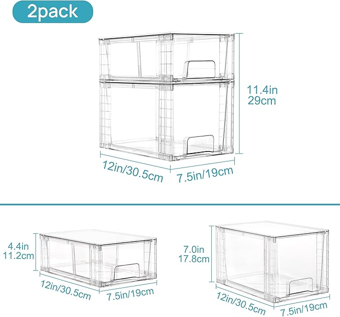 Vtopmart 8 Pack Clear Stackable Storage Drawers,Easy to Assemble Bathroom Organizers and Storage with handles,Plastic Drawers for Kitchen Pantry,Cabinet,Under Sink Organization
