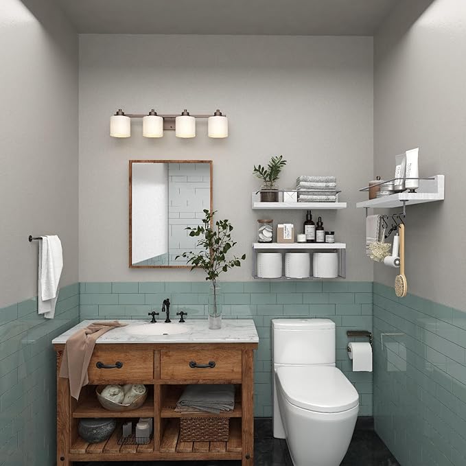 Bathroom Shelves Over Toilet for Wall, Floating Shelves with Storage Basket Paper Holer for Kitchen Living Room, Bedroom & Classroom, Set of 3 (White and Grey)