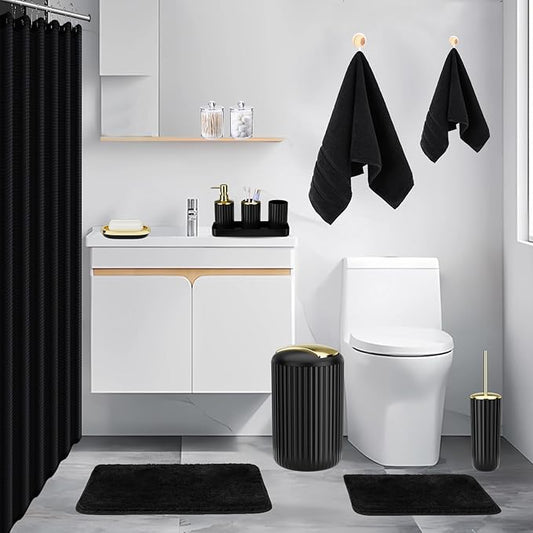 Black Bathroom Accessories Set - 26PCS Black Bathroom Set with Shower Curtain, Rugs, Shower Curtain, Trash Can, Toilet Brush, Soap Dispenser and Toothbrush Set