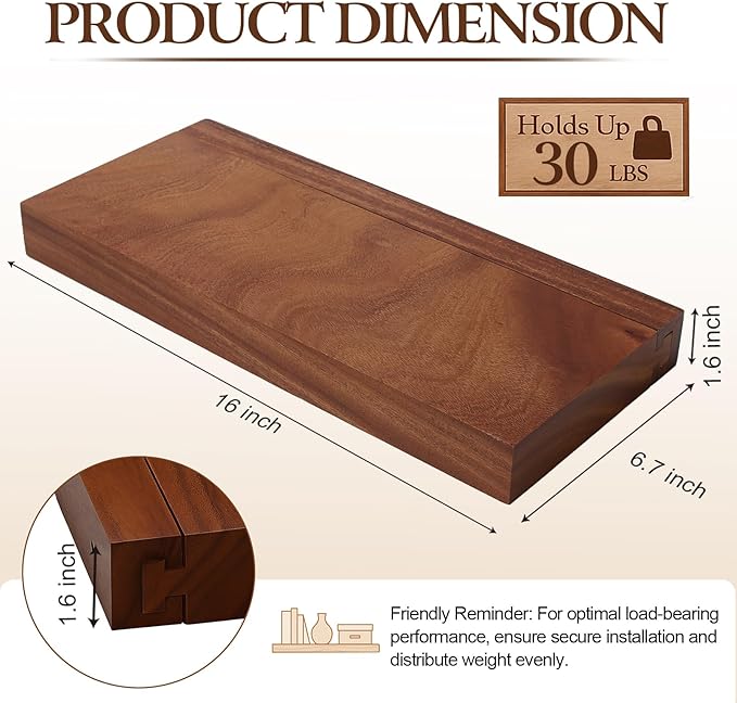 Solid Walnut Floating Shelves for Wall, 16"*6.7"*1.6"Real Thick Wood Mounted Wall Display Shelf with Joinery for Home Decor, Bathroom,Kitchen（Natural Walnut Brown）