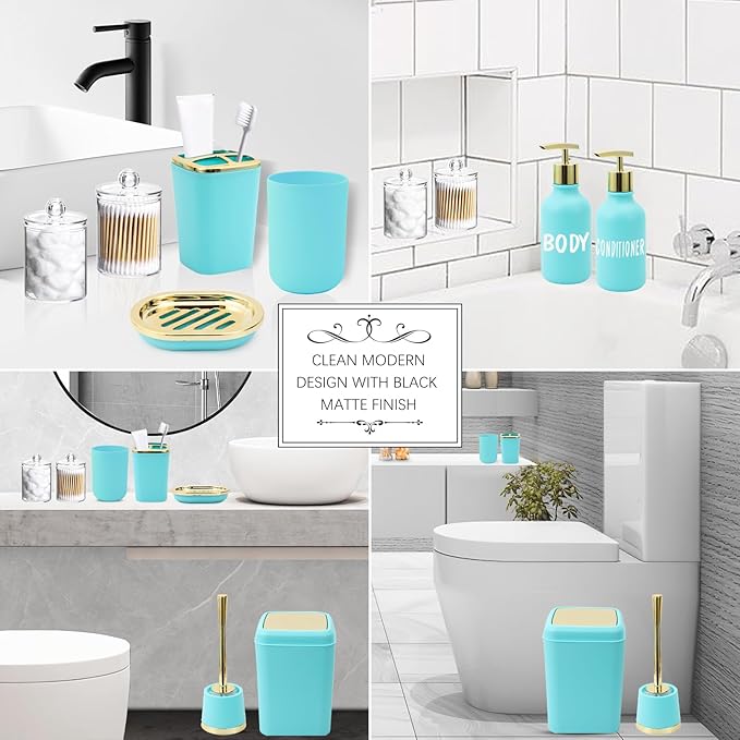 Teal Bathroom Accessories Set - 10 Piece Bathroom Accessory Set with Trash Can, Soap Dispenser, Soap Dish, Toothbrush Holder and Cup, Toilet Brush, Qtip Holder, Bathroom Decor Sets Complete