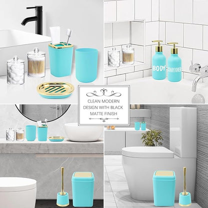 Teal Bathroom Accessories Set - 10 Piece Bathroom Accessory Set with Trash Can, Soap Dispenser, Soap Dish, Toothbrush Holder and Cup, Toilet Brush, Qtip Holder, Bathroom Decor Sets Complete