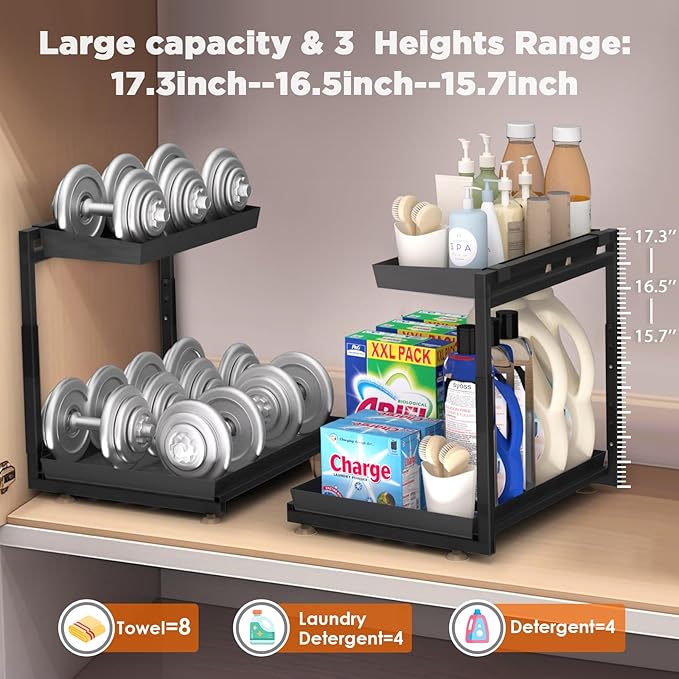 TATAANTY Under Sink Organizer, 2 Packs 2 Tier Black Steel Under Sink Storage, Undersink Organizers for Bathroom, Cabinet, Counter, Kitchen