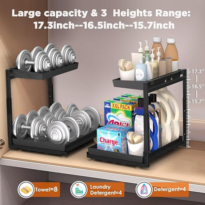 TATAANTY Under Sink Organizer, 2 Packs 2 Tier Black Steel Under Sink Storage, Undersink Organizers for Bathroom, Cabinet, Counter, Kitchen