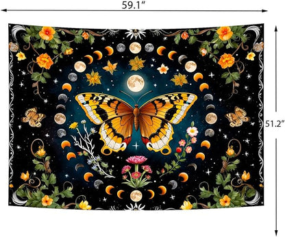 Delur Butterfly Moon Flower Tapestry Botanical Floral Plant Boho Tapestry Wall Hanging Mandala Aesthetic Mushroom Retro Vintage Headboard for Bedroom Living Room Home Decor (51.2" x 59.1")