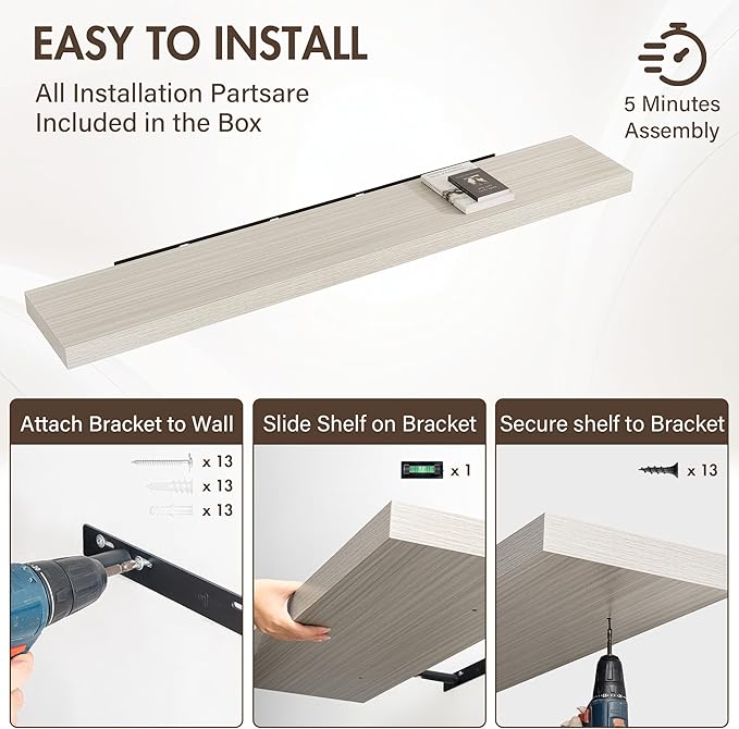 72 Inch Floating Shelves, 12" Deep Floating Shelf Wall Mounted, 72" Wall Shelves, Rustic Deep Bookshelf, Extra Deeper & Thicker Display Shelves for Bedroom, Living Room, Gray, Set of 1