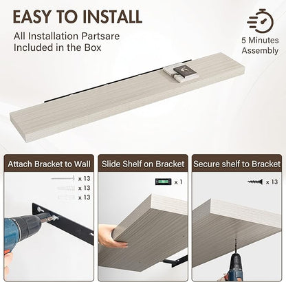 72 Inch Floating Shelves, 12" Deep Floating Shelf Wall Mounted, 72" Wall Shelves, Rustic Deep Bookshelf, Extra Deeper & Thicker Display Shelves for Bedroom, Living Room, Gray, Set of 1