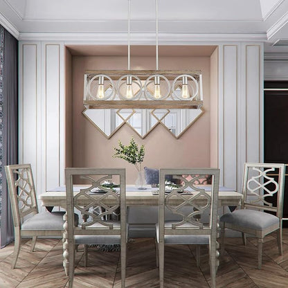 XINGQI Farmhouse Dining Room Chandeliers, Rectangle Vintage Hanging Lighting Fixtures, 4-Light Kitchen Island Lighting, Rustic Metal Chandelier Pendant Light, Antique Wood Grain XY082