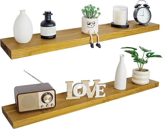 BGMG Wood Floating Shelves 48 inch Set of 2, Rustic Wooden Wall Mount Shelves for Living Room Bedroom Kitchen Farmhouse-48x6.7x1.25 inch- Gold Oak