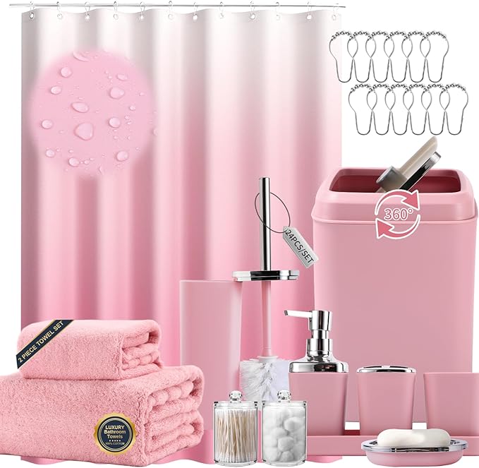 Pink Bathroom Accessories, 24 Pieces Pink Bathroom Accessories Set with Shower Curtain, Bath Towels, Trash Can, Soap Dispenser and Soap Dish for Bathroom/Housewarming