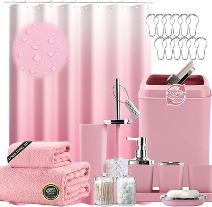 Pink Bathroom Accessories, 24 Pieces Pink Bathroom Accessories Set with Shower Curtain, Bath Towels, Trash Can, Soap Dispenser and Soap Dish for Bathroom/Housewarming