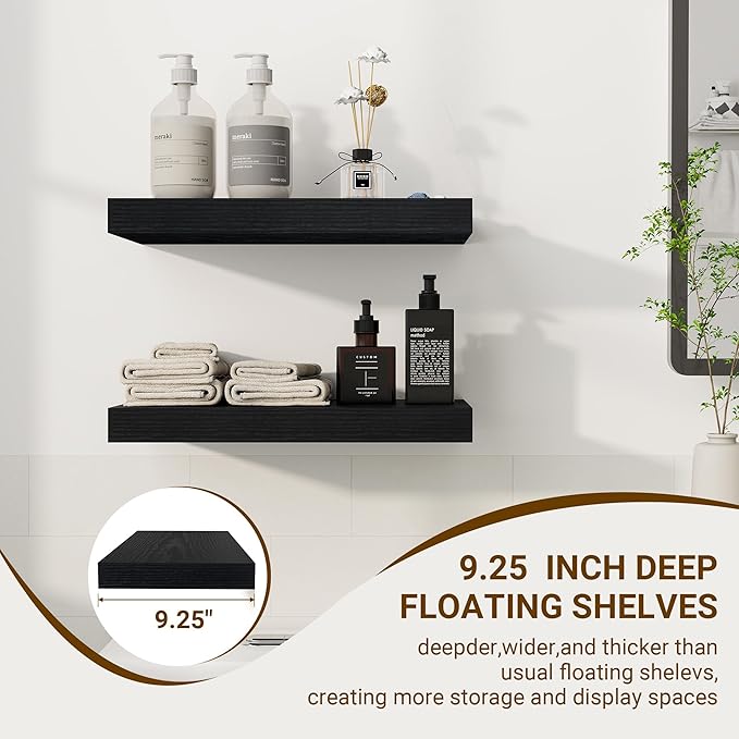 16 Inch Floating Shelves, 16"x9.25"x1.5" Inch Deep Floating Shelves for Wall, Wooden Shelves for Bathroom, Bedroom, Living Room, Black